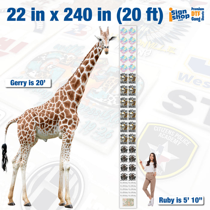 22x240 inch DTF gang sheet example with multiple designs, shown next to a giraffe and a model for scale.