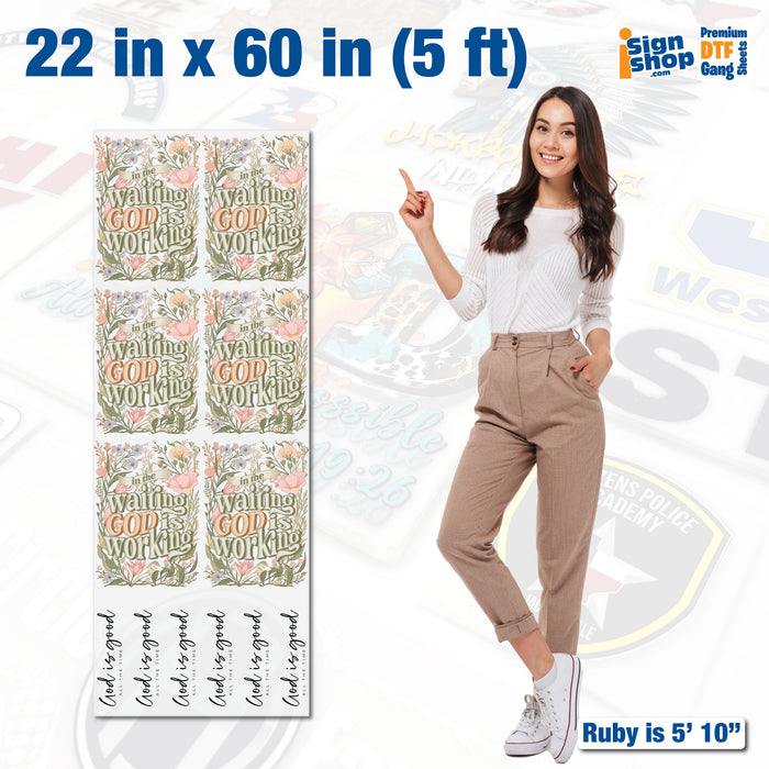 22x60 inch DTF gang sheet example with designs shown next to a model for scale.