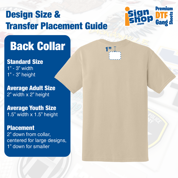 Design size and placement guide for back collar DTF transfers on t-shirts.