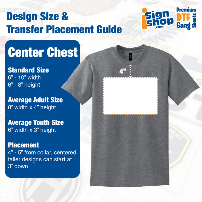 Design size and placement guide for center chest DTF transfers on t-shirts.