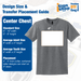 Design size and placement guide for center chest DTF transfers on t-shirts.