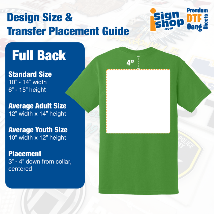 Design size and placement guide for full back DTF transfers on t-shirts.