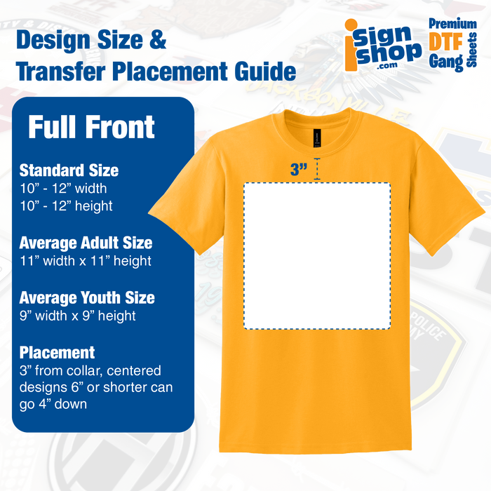 Design size and placement guide for full front DTF transfers on t-shirts.