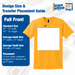 Design size and placement guide for full front DTF transfers on t-shirts.