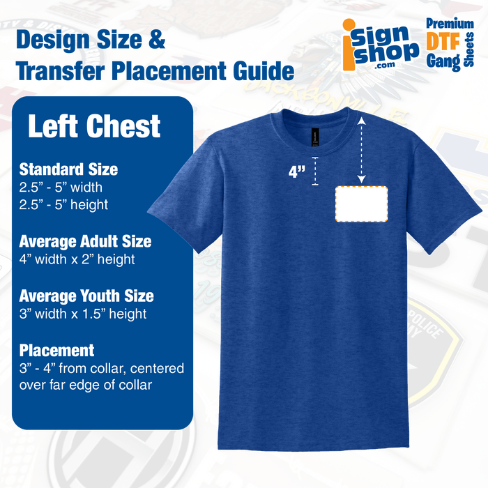 Design size and placement guide for left chest DTF transfers on t-shirts.