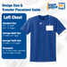 Design size and placement guide for left chest DTF transfers on t-shirts.