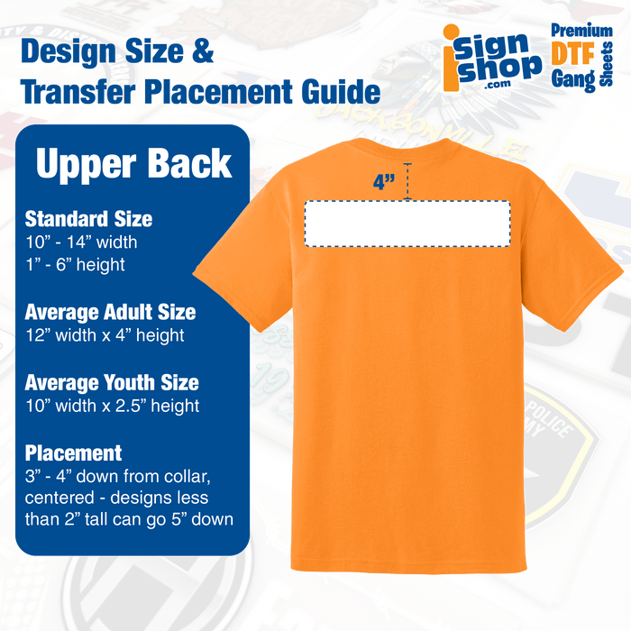 Design size and placement guide for upper back DTF transfers on t-shirts.