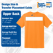 Design size and placement guide for upper back DTF transfers on t-shirts.